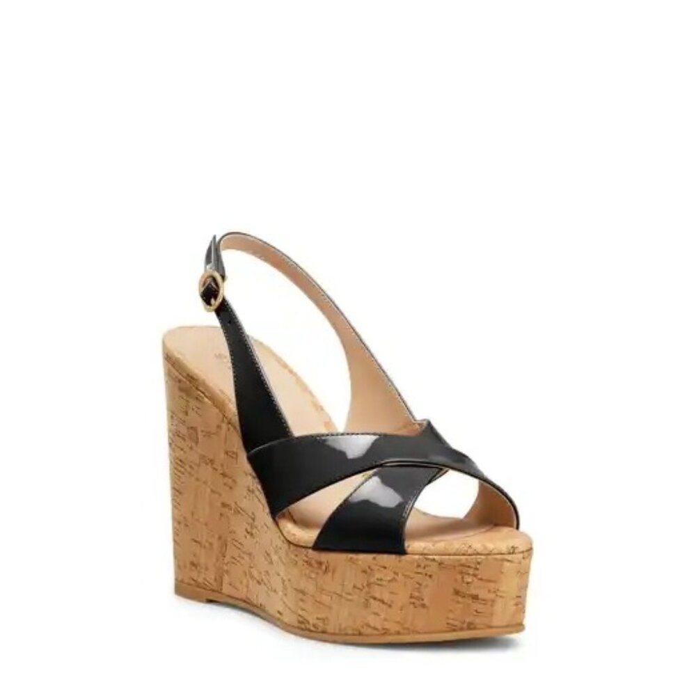 Stuart Weitzman Black Patent Leather Cork Platform Wedges